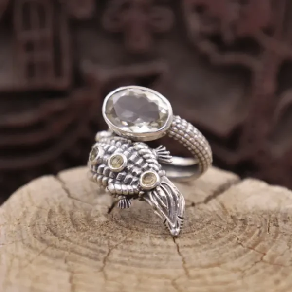 Colimaçon Bagues Avec Pierre-Bague en argent et pierre quartz lemon - crocodile