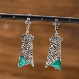 Colimaçon Boucles D'oreilles D'exception-Boucles d'oreilles d'exception en argent, pierre agate verte et marcassites