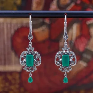 Colimaçon Boucles D'oreilles D'exception-Boucles d'oreilles d'exception en argent, pierre agate verte et marcassites