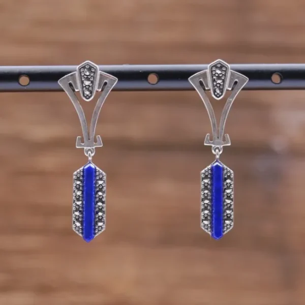 Colimaçon Boucles D'oreilles D'exception-Boucles d'oreilles d'exception en argent et pierre lapis lazuli et marcassites