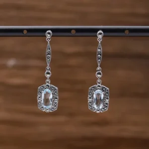 Colimaçon Boucles D'oreilles D'exception-Boucles d'oreilles d'exception en argent, pierre Topaze bleue et marcassites