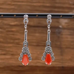 Colimaçon Boucles D'oreilles D'exception-Boucles d'oreilles d'exception en argent, pierre Cornaline et marcassites