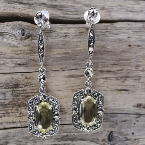 Colimaçon Boucles D'oreilles D'exception-Boucles d'oreilles d'exception en argent, marcassites et pierre quartz lemon