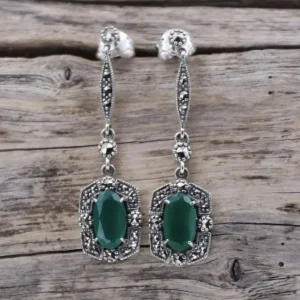 Colimaçon Boucles D'oreilles D'exception-Boucles d'oreilles d'exception en argent, marcassites et pierre agate verte