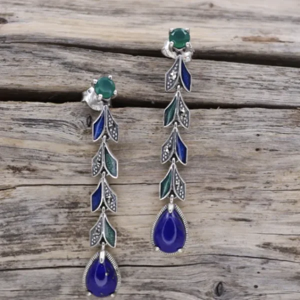 Colimaçon Boucles D'oreilles D'exception-Boucles d'oreilles d'exception en argent, marcassites, pierres lapis lazuli et agate verte