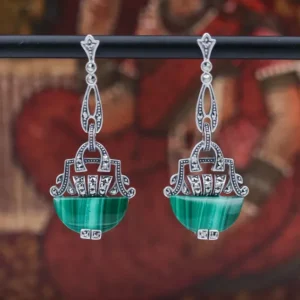 Colimaçon Boucles D'oreilles D'exception-Boucles d'oreilles d'exception en argent, pierre malachite et marcassites