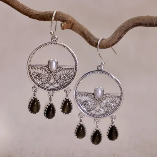 Colimaçon Boucles D'oreilles Avec Pierre-Boucles d'oreilles en argent avec obsidienne dorée et perle