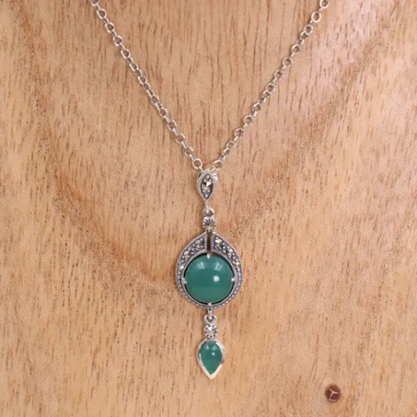Colimaçon Colliers D'exception-Collier d'exception en argent avec agate verte et marcassites